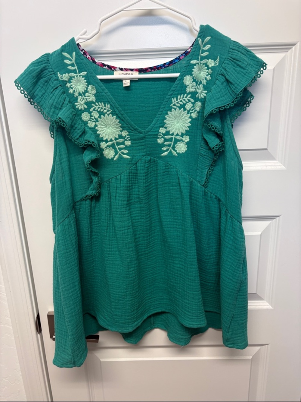 Umgee Teal Embroidered Ruffle Sleeve Blouse